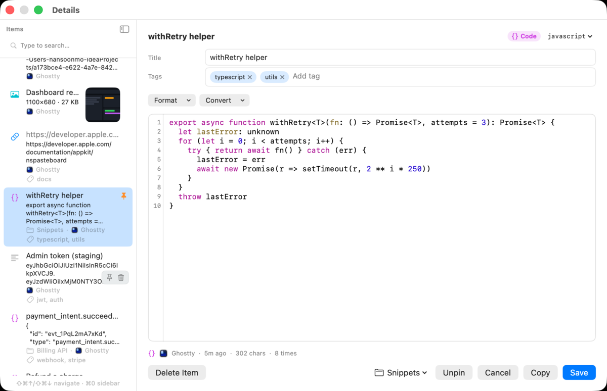 The DevClip editor window showing a clip with line numbers and syntax highlighting, with the Format menu open.