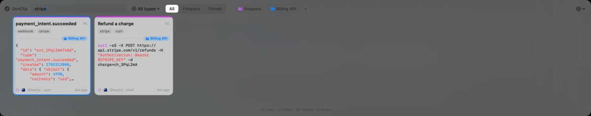 DevClip's panel filtered by the word 'stripe', showing the two matching clipboard cards.