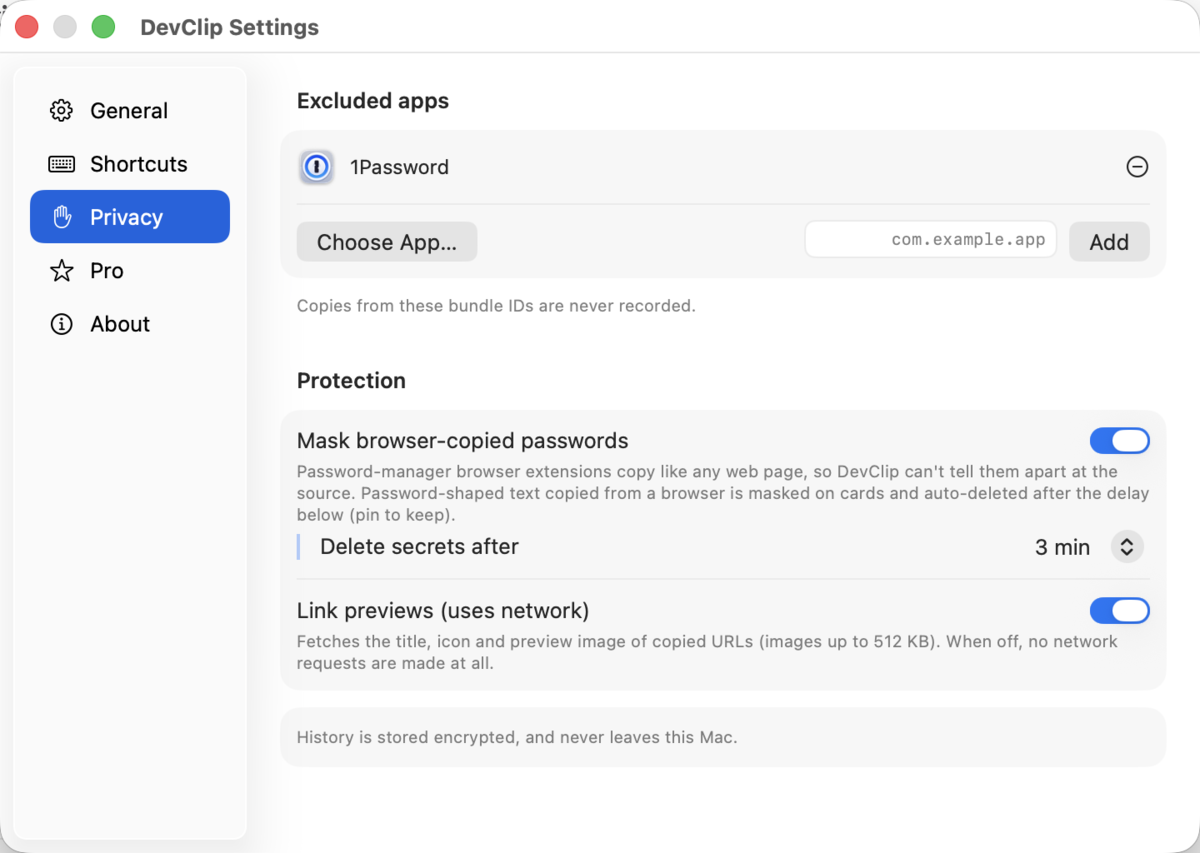 DevClip's privacy settings, showing the excluded-apps list and the link preview switch.